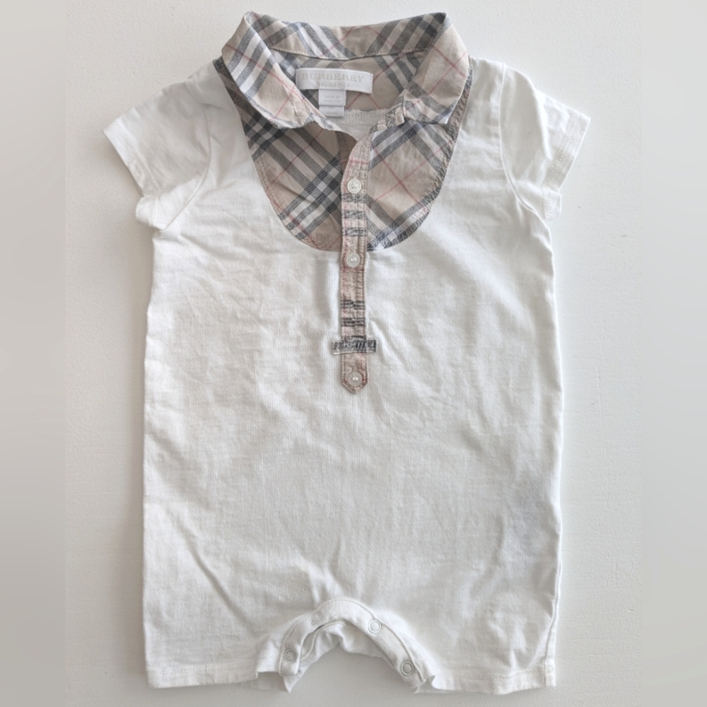 Burberry White Baby One-Piece with Beige Check Collar